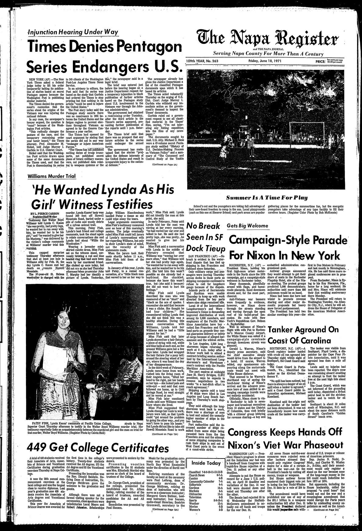 Willie the Woodcutter murder and Napa Register coverage: 06/18/71 Page 1A